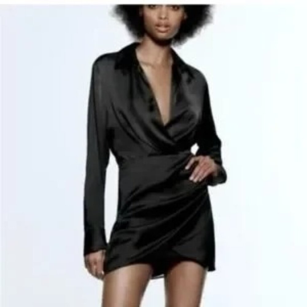 Mable Black Satin Wrap Dress Long Sleeve Small